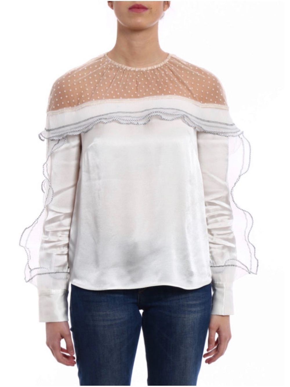 Self-Portrait White Satin Blouse with Sheer Polka-Yoke and Ruffle Trim
